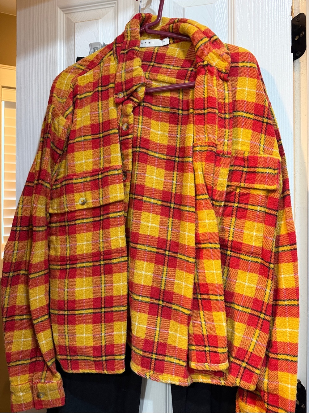 Plaid Button-Up Shacket in Yellow & Red chiefs colors